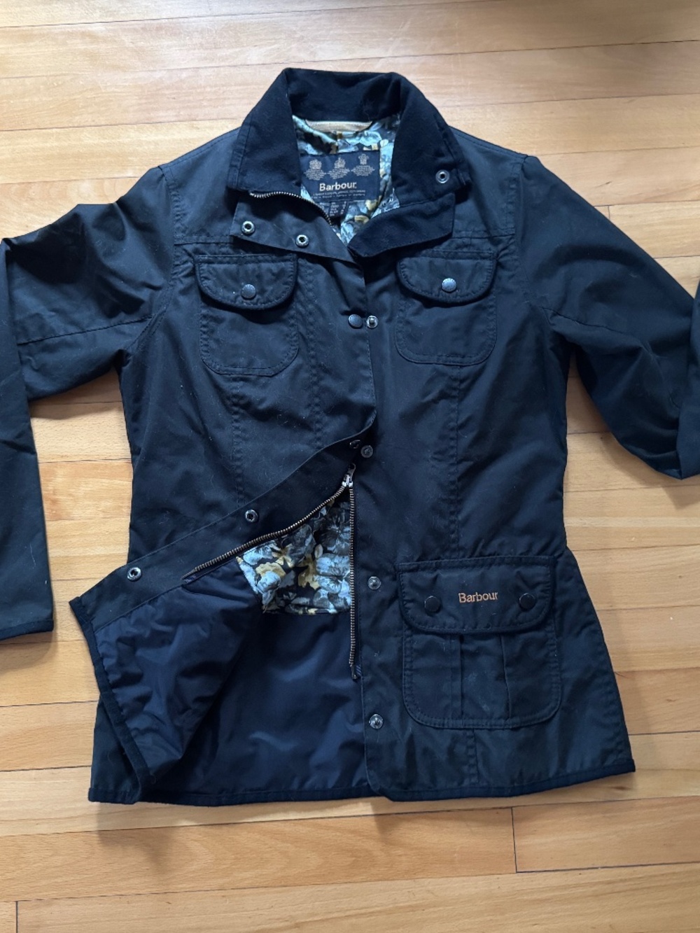 Barbour Kate Wax Jacket Black UK 8 Womens Liberty Print Lining Waxed Cotton